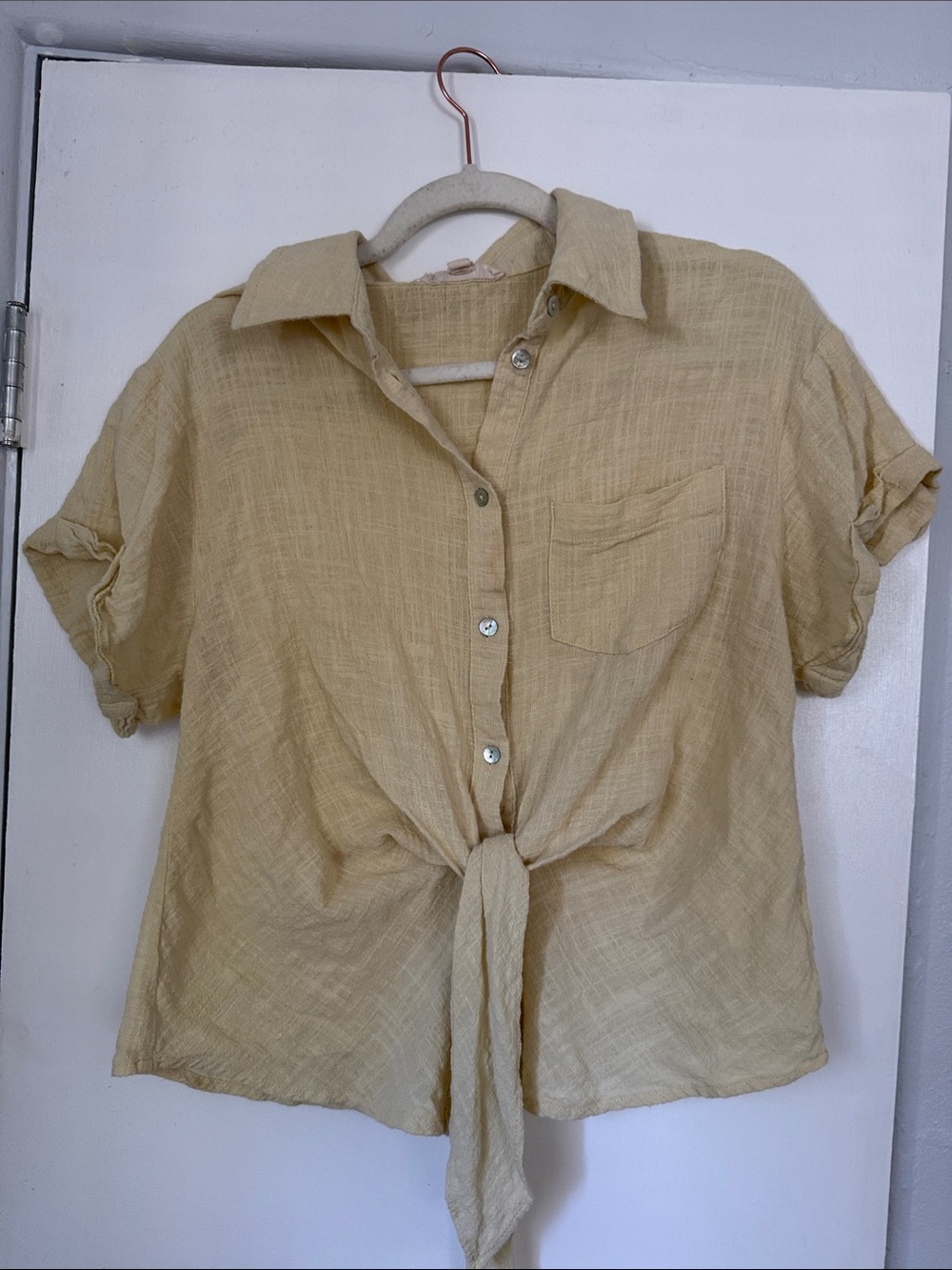 Lily Star Pale Yellow Tie-Front Button Down Shirt